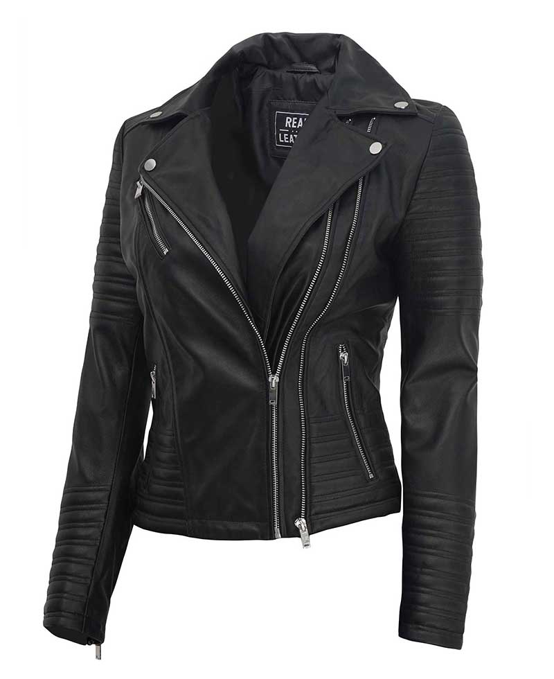 Sumi Womens Black Asymmetrical Biker Leather Jacket