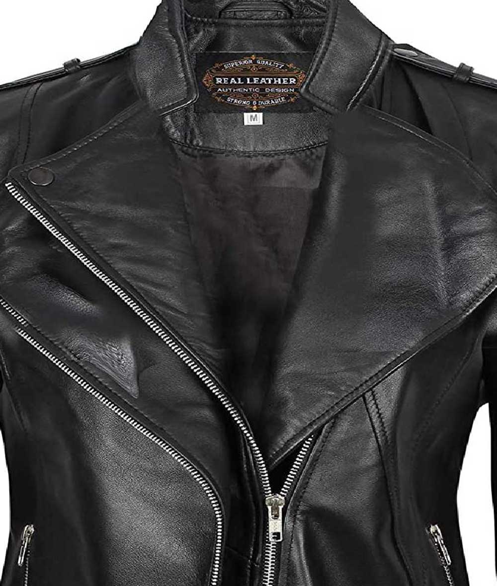 Moana Women's Black Leather Moto Jacket Asymmetrical Fitted Style