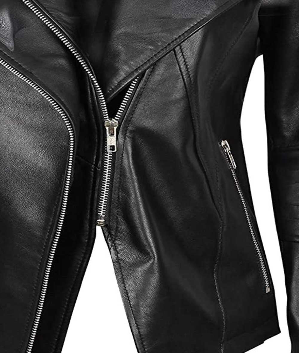 Moana Women's Black Leather Moto Jacket Asymmetrical Fitted Style