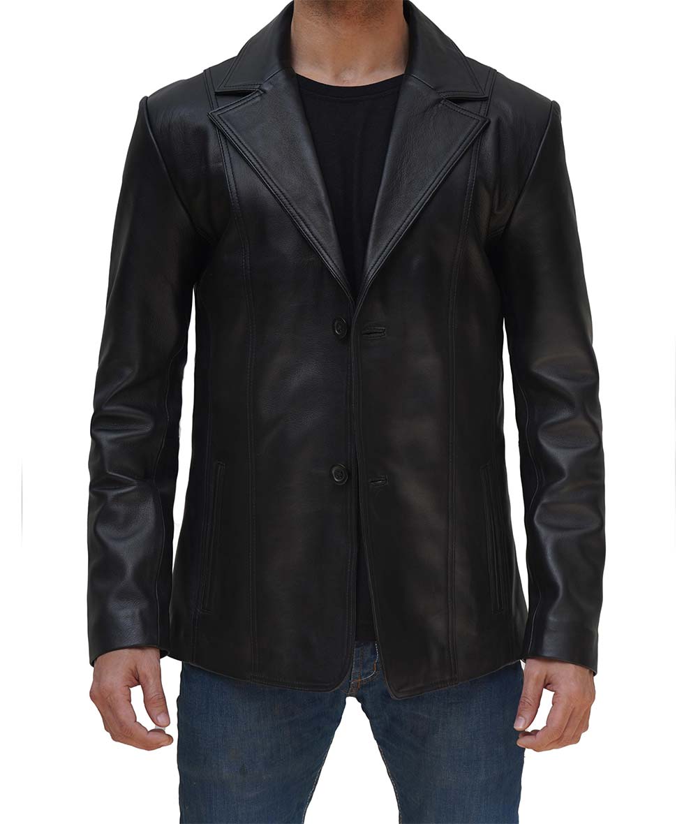 Anatoly Mens Wide Lapel Two Button Black Leather Blazer Coat