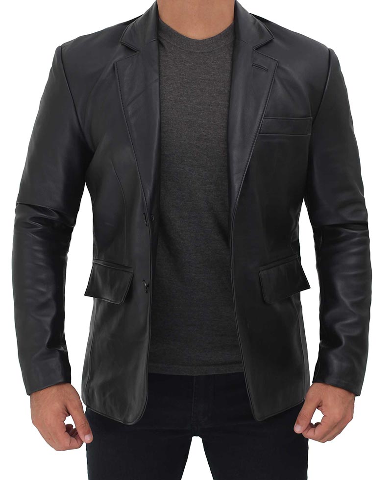 Notch Lapel Two Button Mens Black Leather Blazer