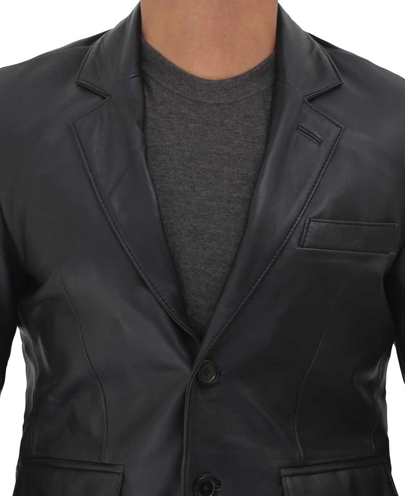 Notch Lapel Two Button Mens Black Leather Blazer