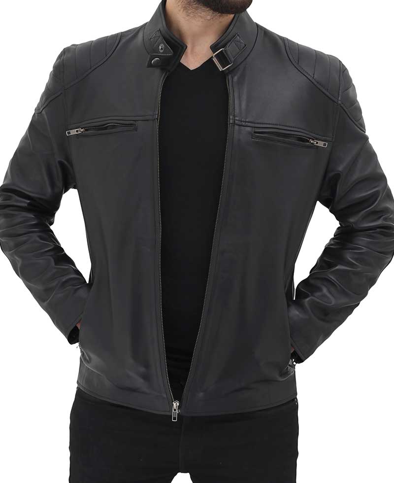 Men's Black Leather Cafe Racer Jacket with Snap Button Collar