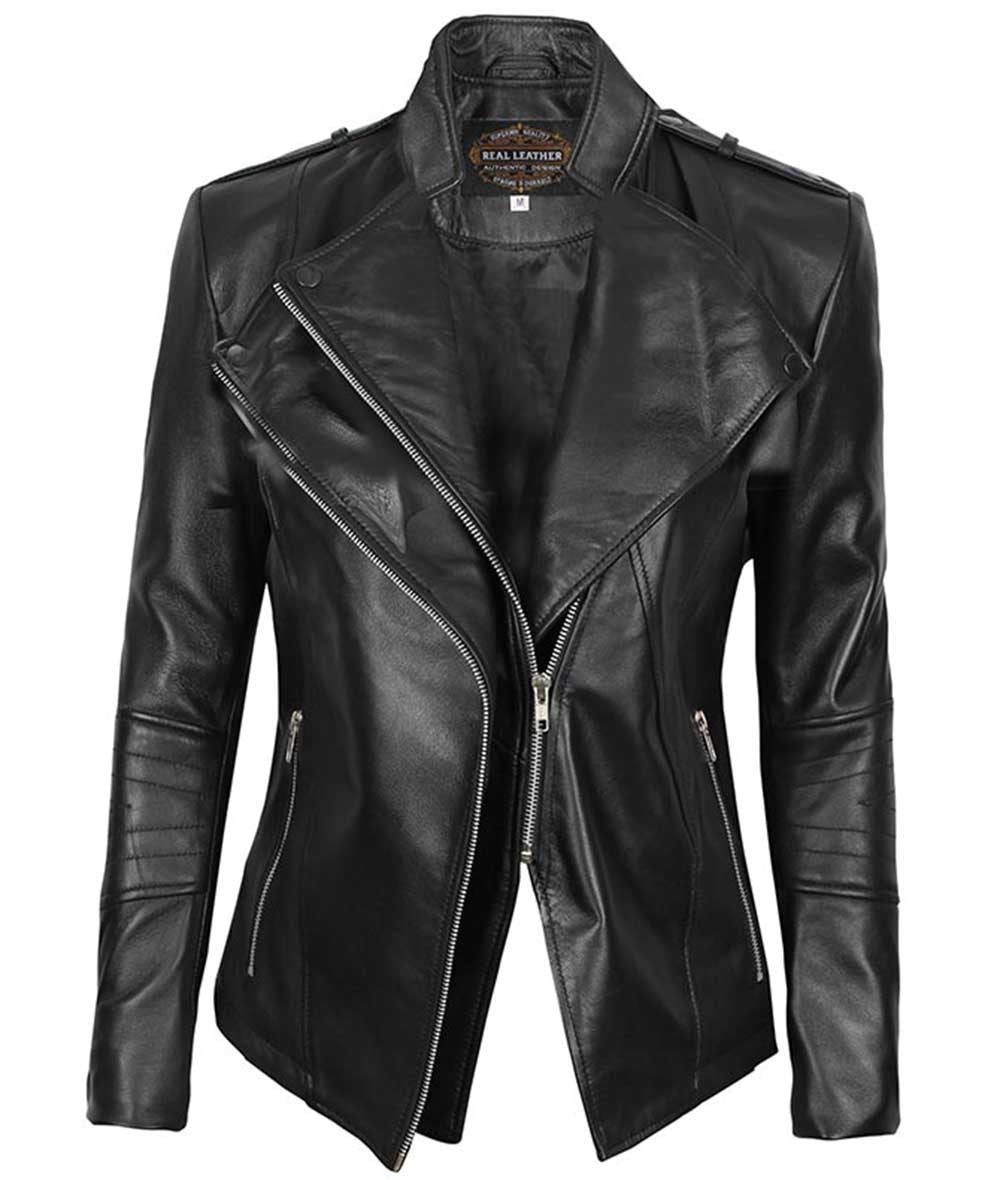 Moana Women's Black Leather Moto Jacket Asymmetrical Fitted Style