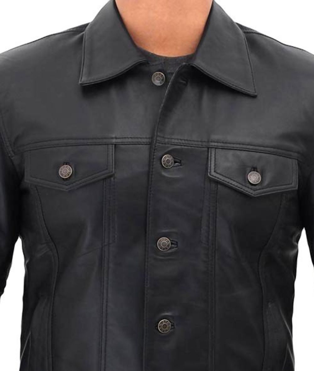 Men's Four Pockets Black Leather Trucker Jacket