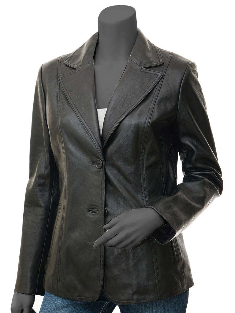 Woman's Wide Lapel Two Button Black Leather Blazer Coat