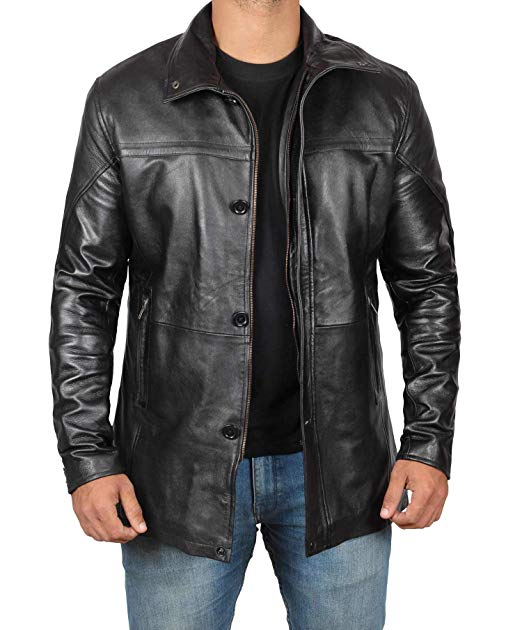 Anatoly Black Mens Leather Car Coat - 3/4 Length