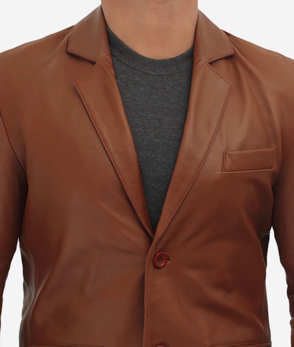 Anatoly Mens Two Button Camel Color Leather Blazer