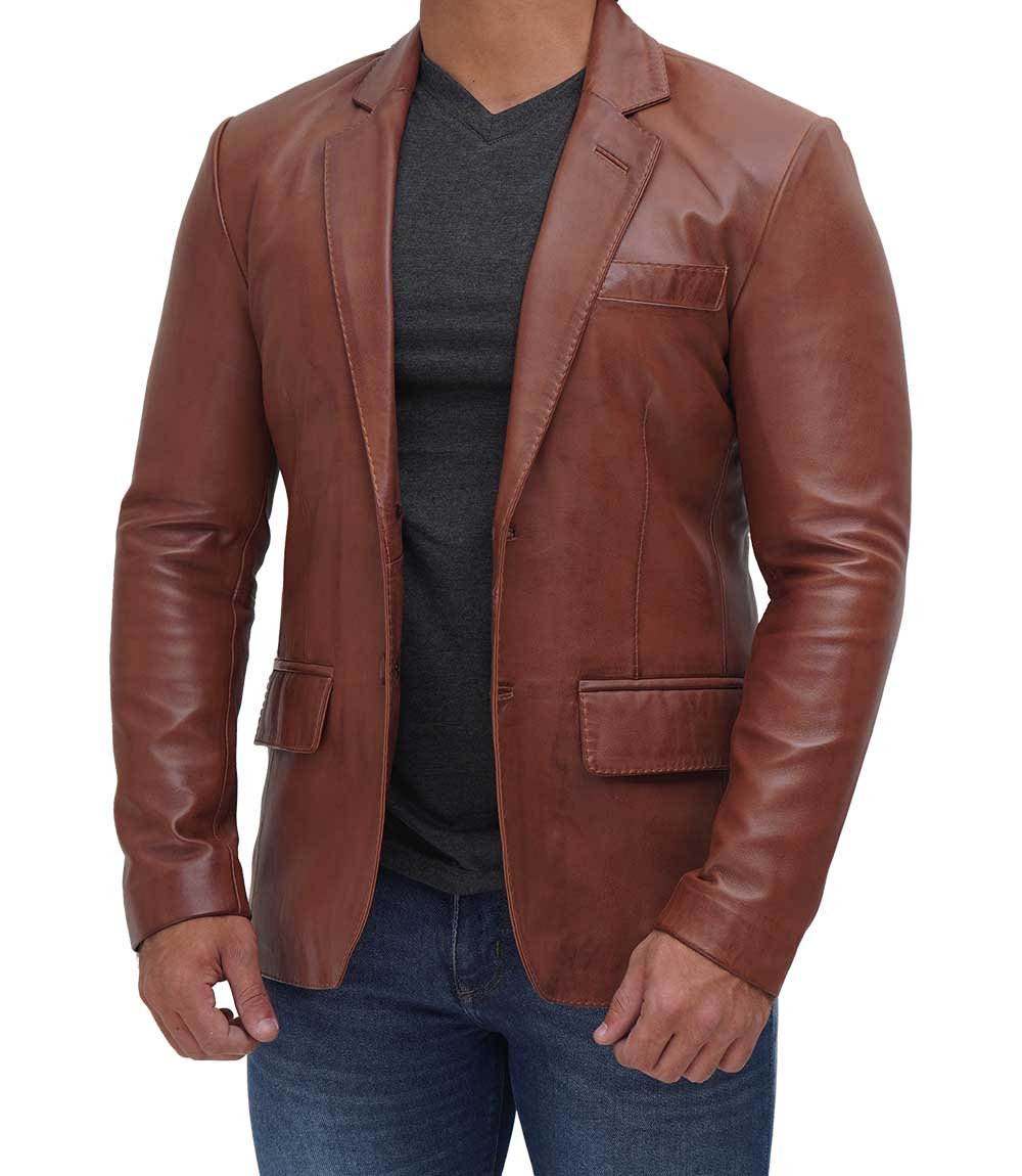 Anatoly Mens Tan Notch Lapel Two Button Leather Blazer Jacket
