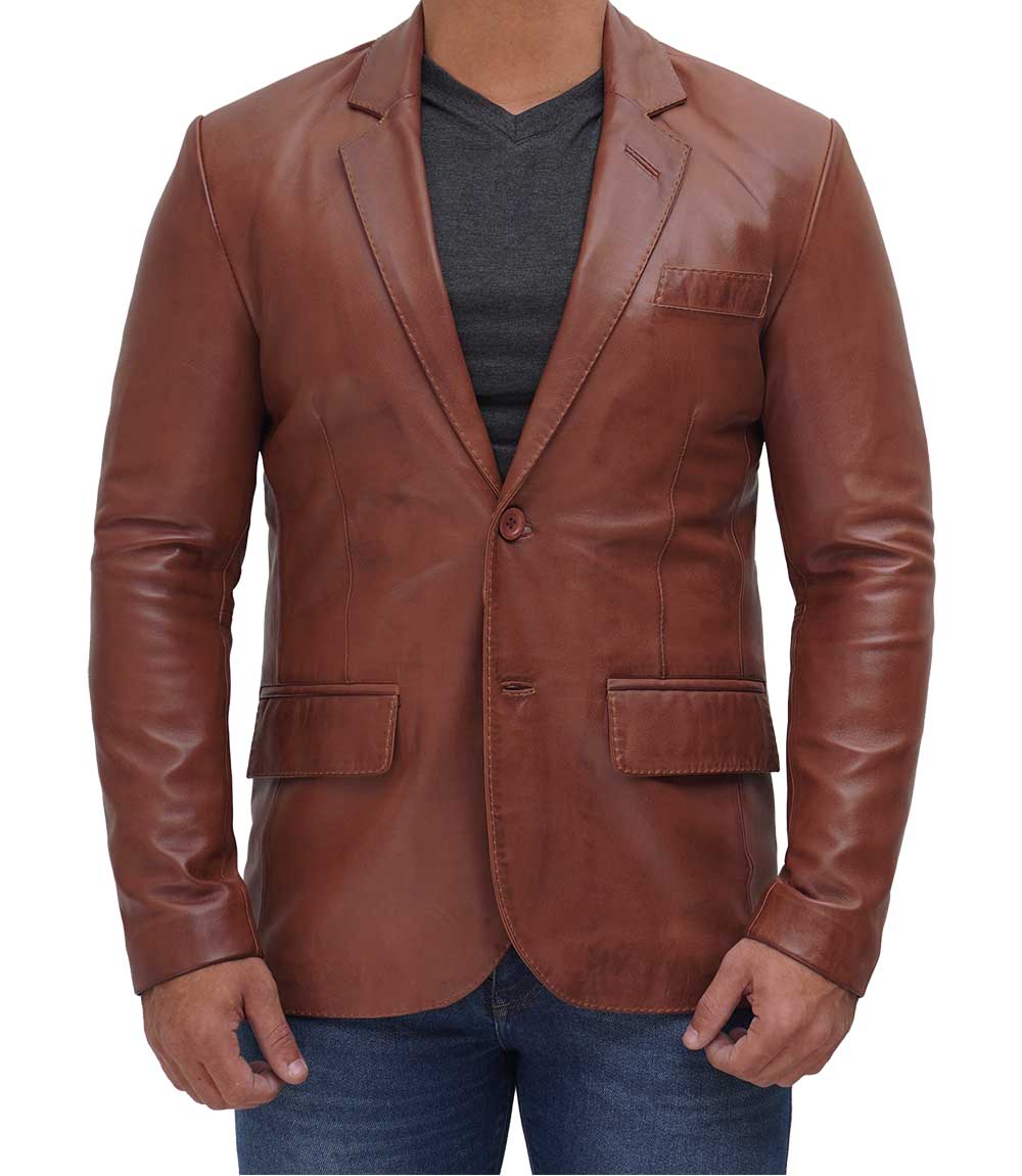 Anatoly Mens Tan Notch Lapel Two Button Leather Blazer Jacket