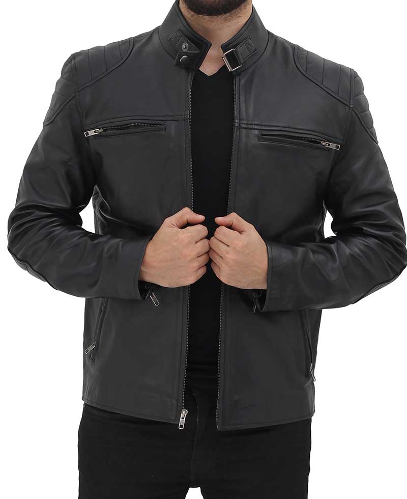 Men's Black Leather Cafe Racer Jacket with Snap Button Collar