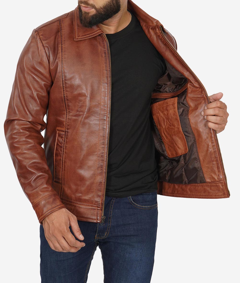Anatoly Brown Shirt Collar Vintage Brown Leather jacket