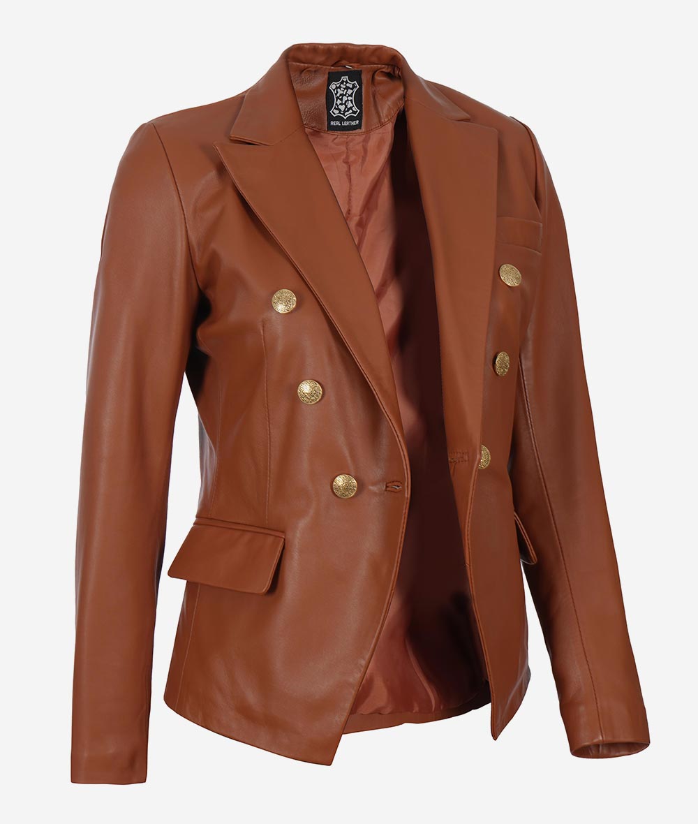 Premium Double Breasted Cognac Leather Blazer Women