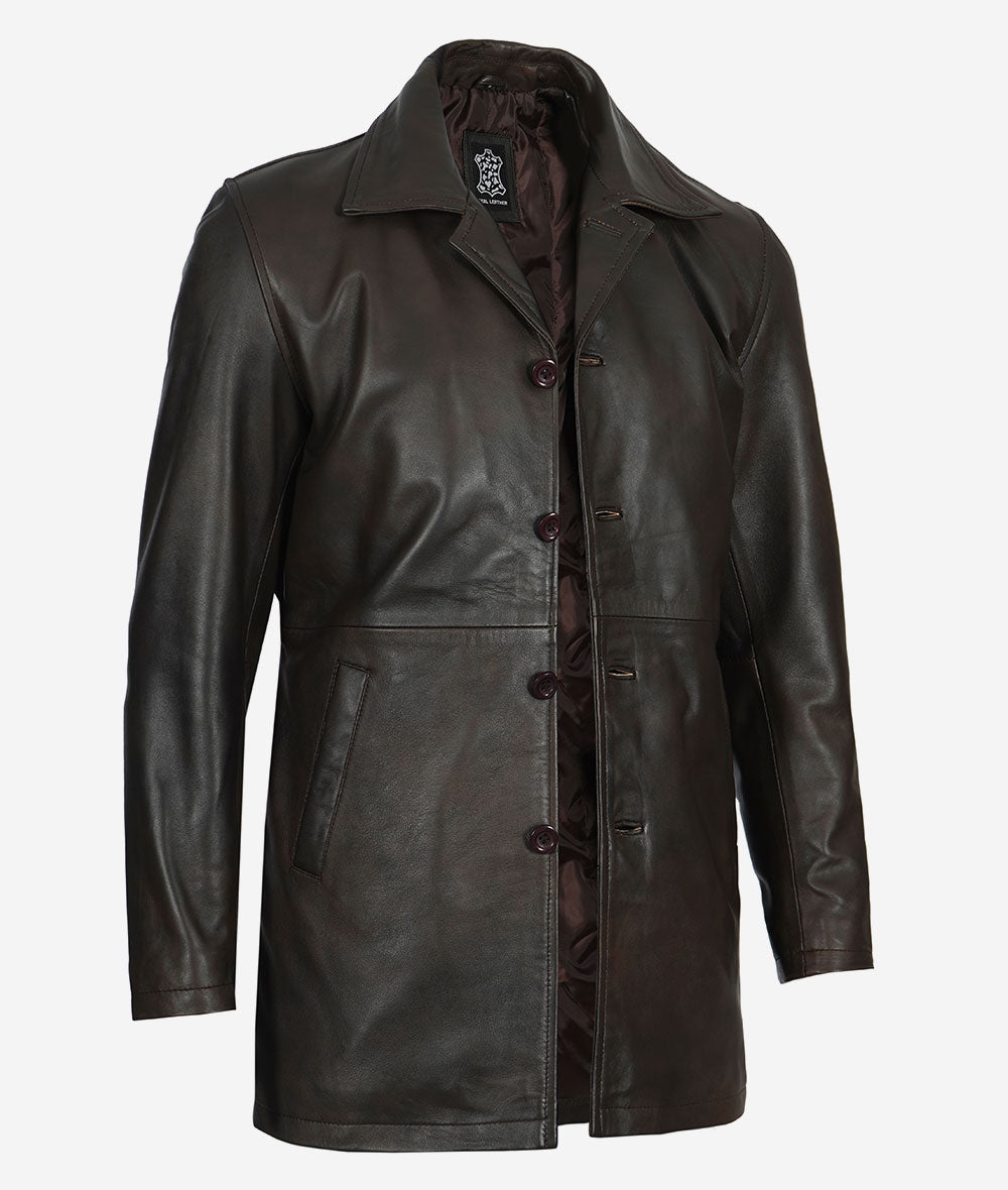 Men Distressed Brown 3/4 Length Leather Coat