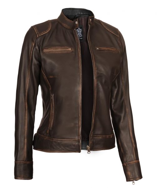 Women’s Distressed Brown Biker Leather Jacket