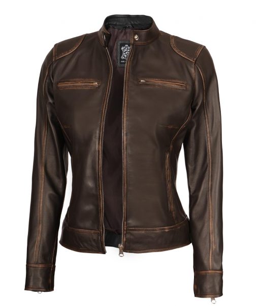 Women’s Distressed Brown Biker Leather Jacket