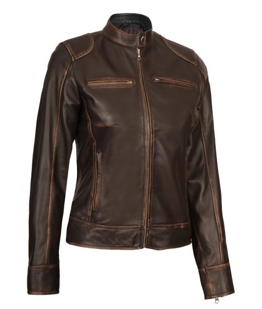 Women’s Distressed Brown Biker Leather Jacket