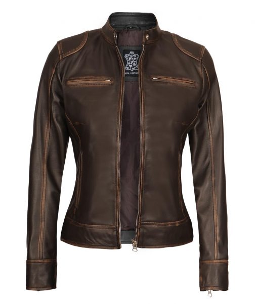 Women’s Distressed Brown Biker Leather Jacket