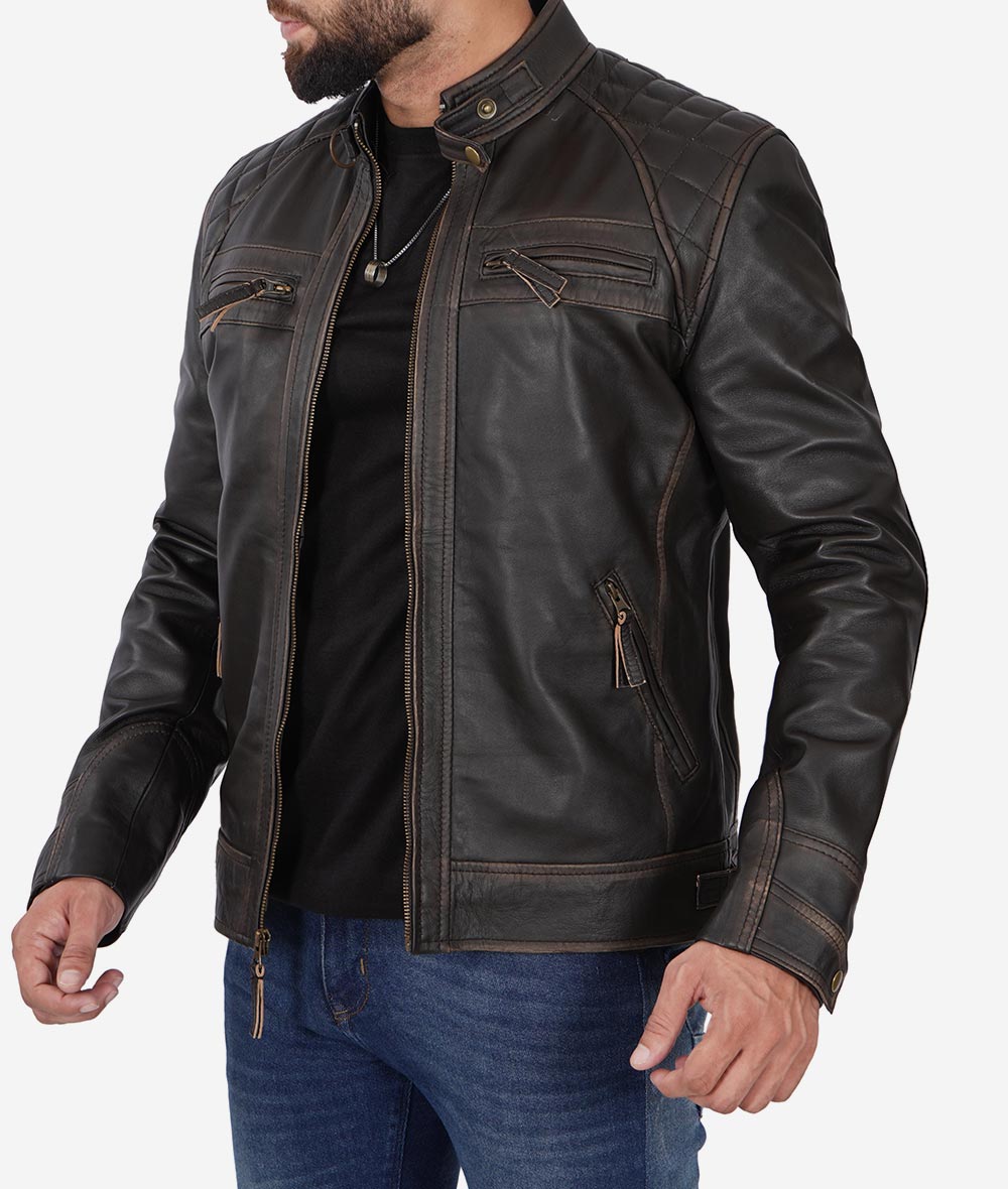 Sumis Men's Distressed Brown Leather Biker Jacket