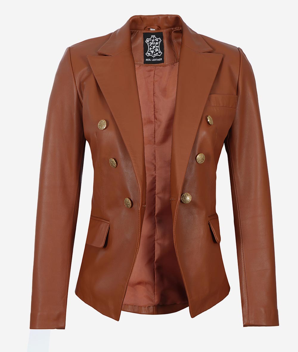 Premium Double Breasted Cognac Leather Blazer Women