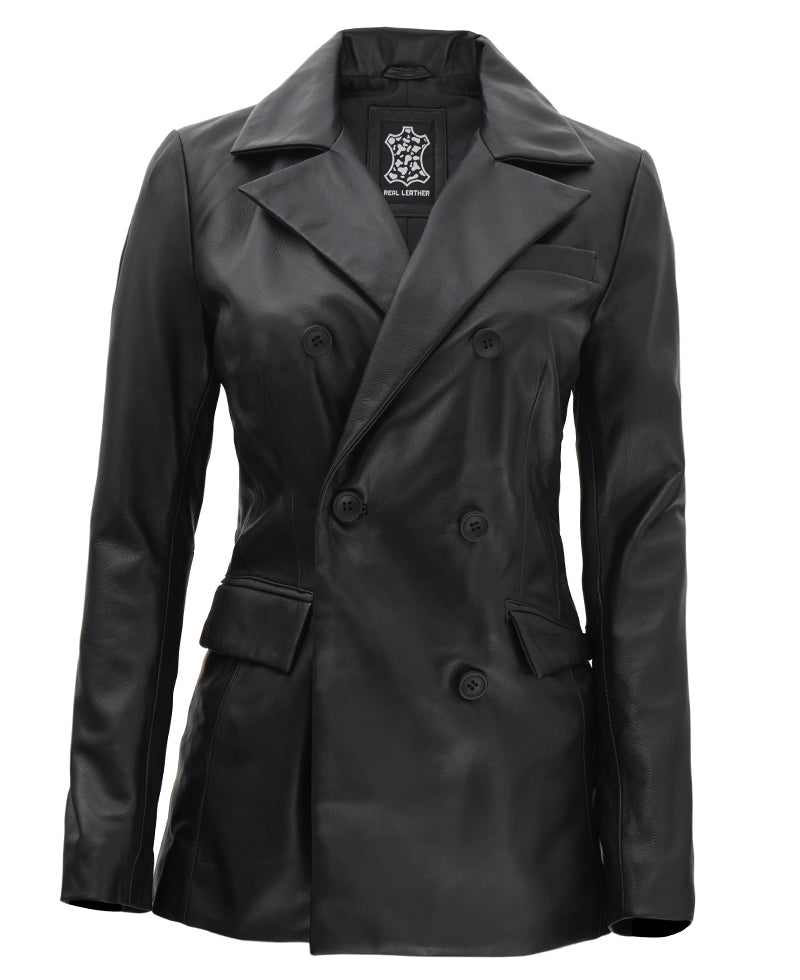 Double Breasted Black Leather Coat Women
