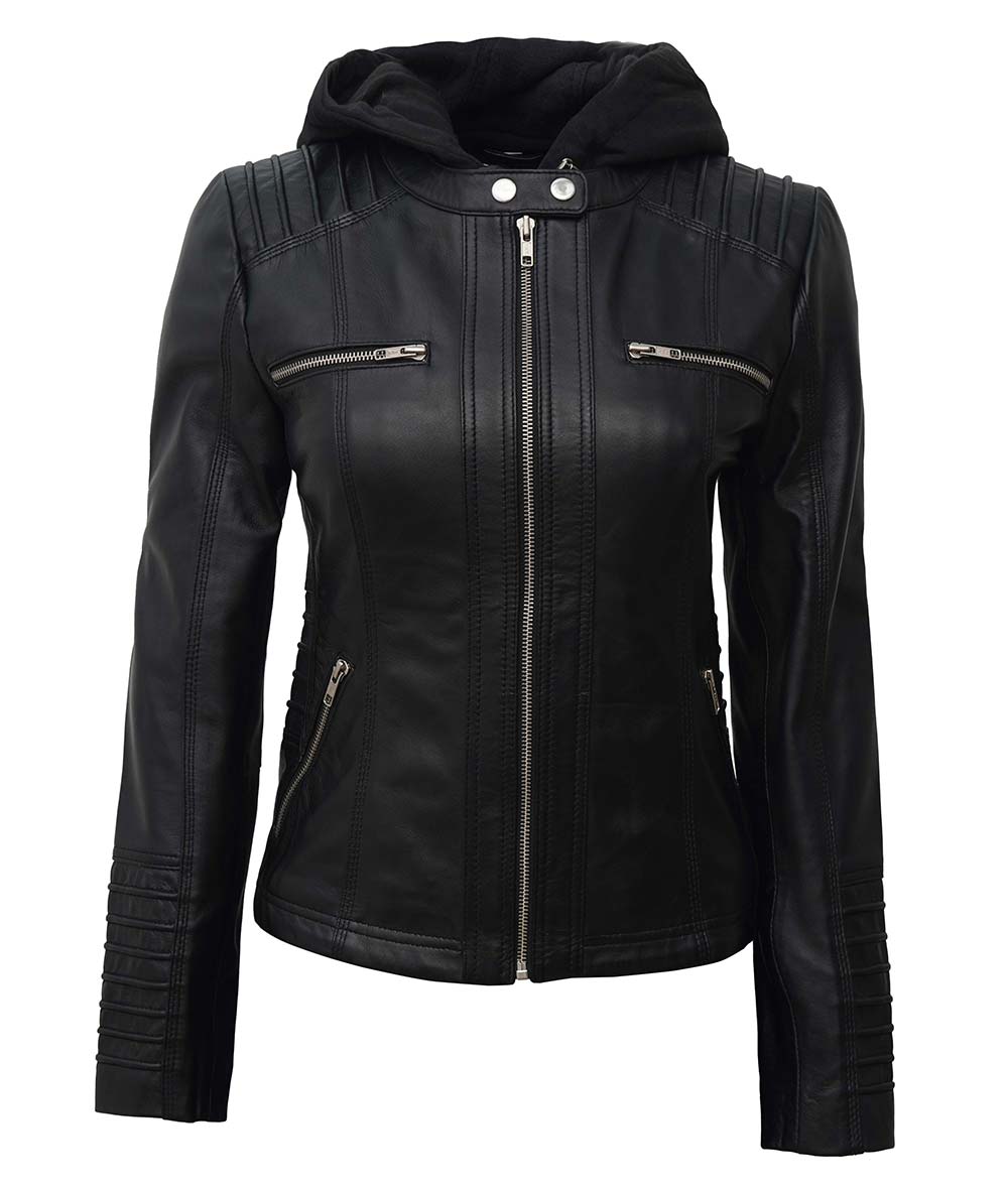 Hanna Women's Black Leather Jacket with Removable Hood