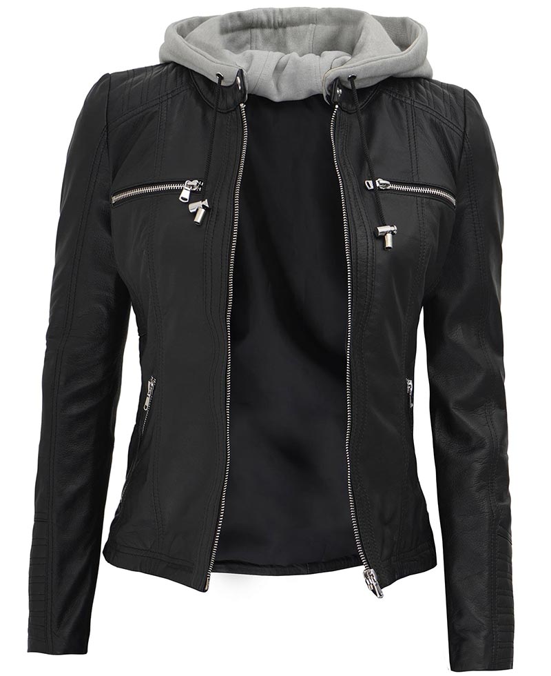 Glory Women's Black Leather Jacket With Hood