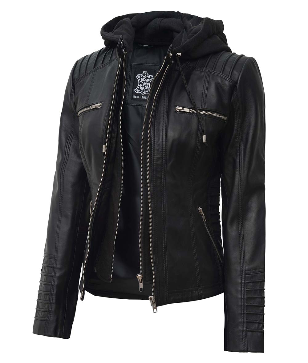 Hanna Women's Black Leather Jacket with Removable Hood