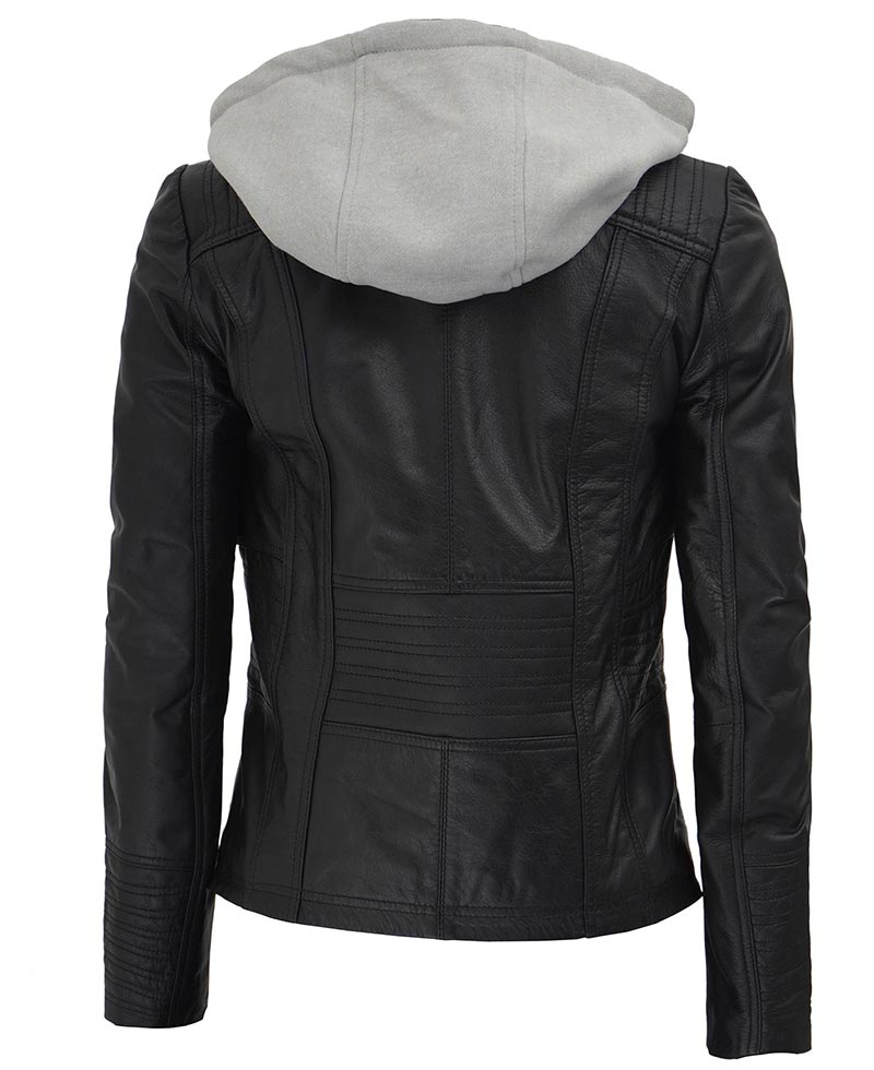 Glory Women's Black Leather Jacket With Hood