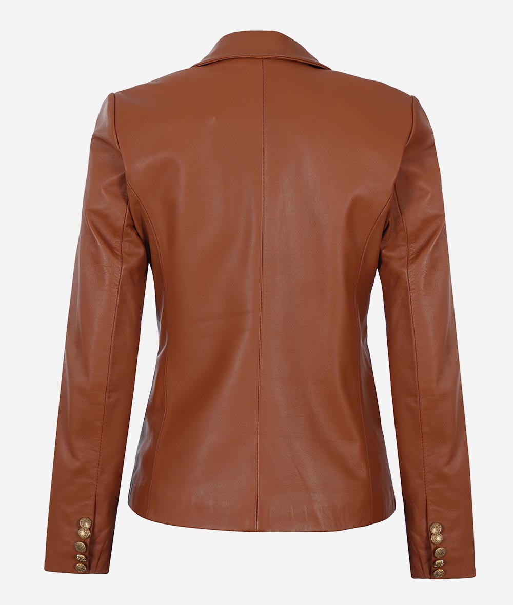 Premium Double Breasted Cognac Leather Blazer Women