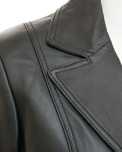Woman's Wide Lapel Two Button Black Leather Blazer Coat