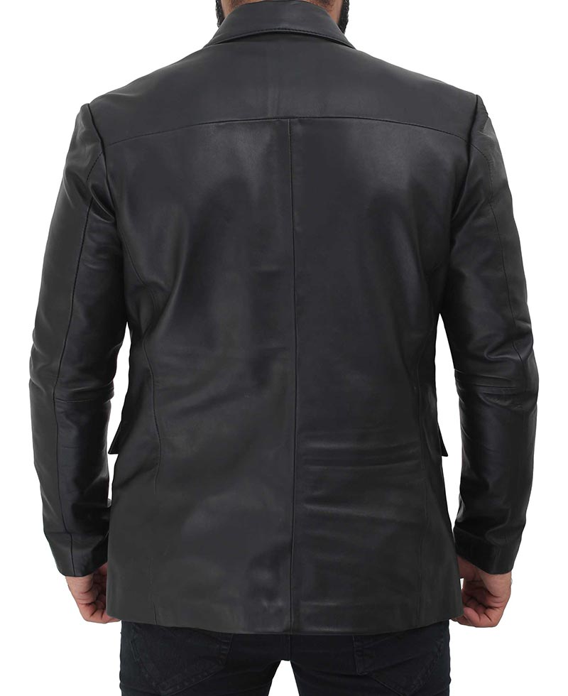 Notch Lapel Two Button Mens Black Leather Blazer