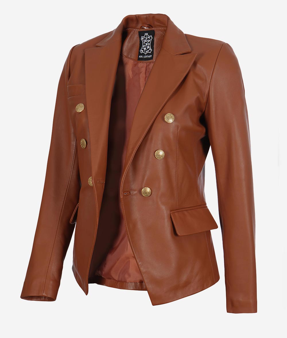 Premium Double Breasted Cognac Leather Blazer Women