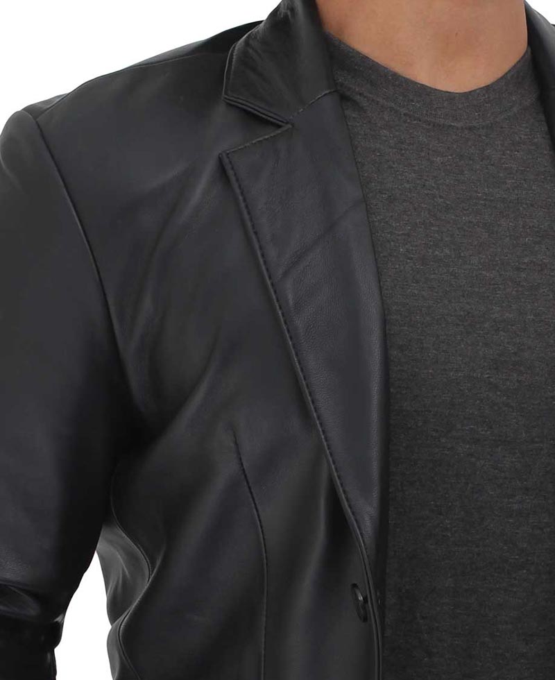Notch Lapel Two Button Mens Black Leather Blazer
