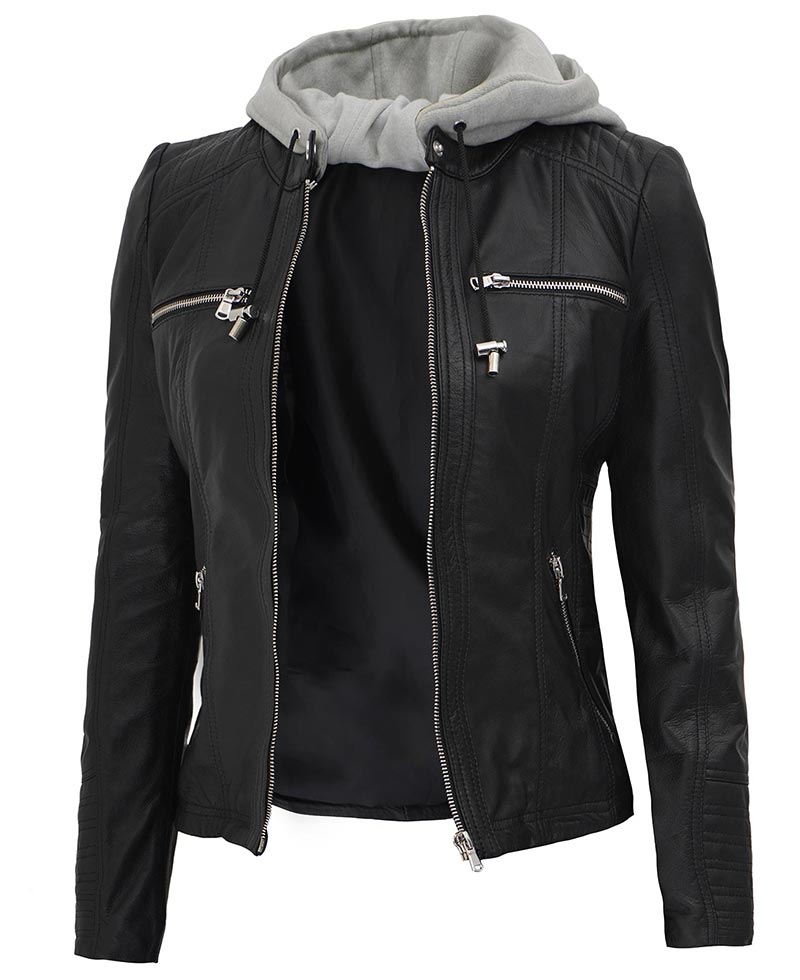 Glory Women's Black Leather Jacket With Hood