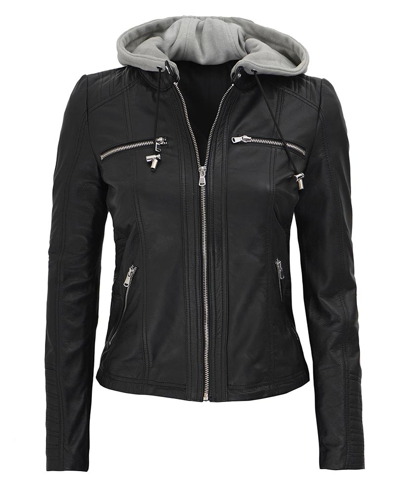 Glory Women's Black Leather Jacket With Hood