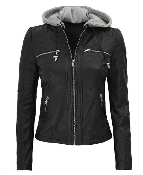 Glory Women's Black Leather Jacket With Hood