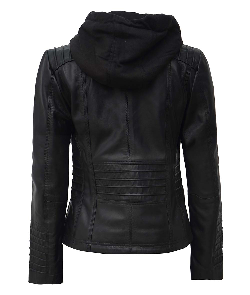 Hanna Women's Black Leather Jacket with Removable Hood