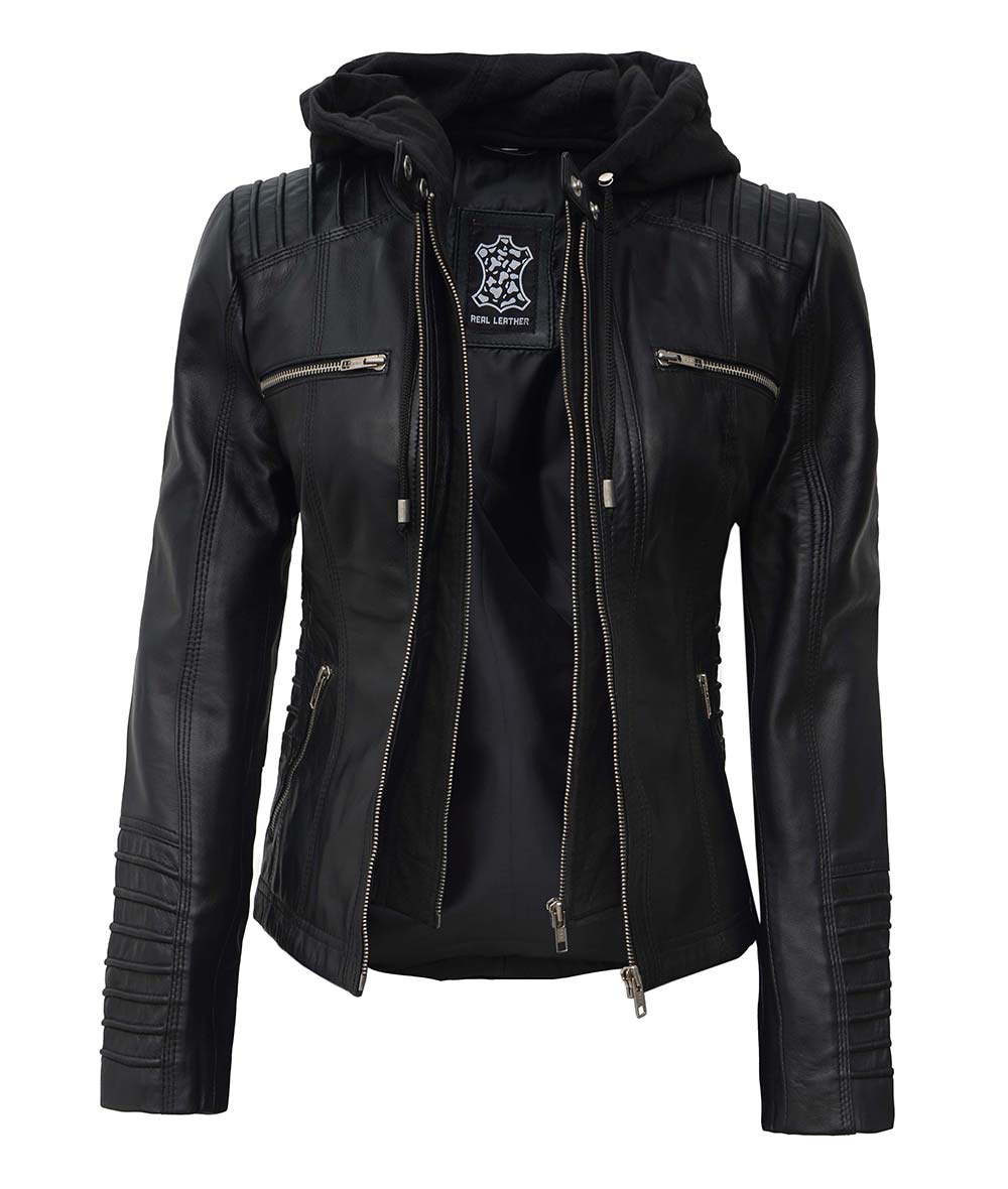 Hanna Women's Black Leather Jacket with Removable Hood