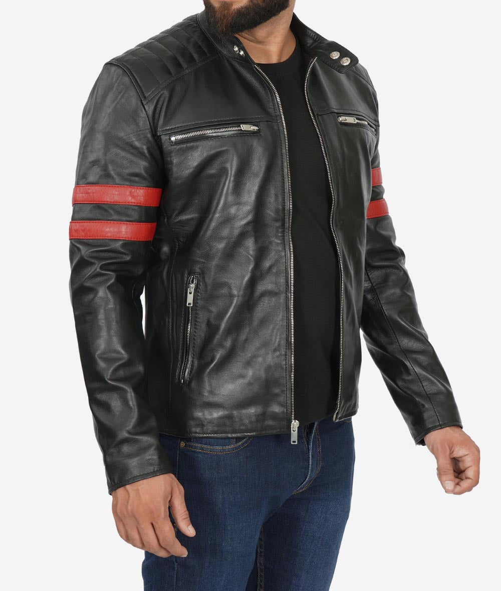 Mens Black Quilted Red Stripe Cafe Racer Leather Motorcycle Jacket