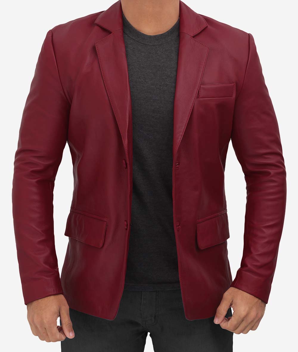 Mens 2 Buttons Notch Lapel Maroon Leather Blazer