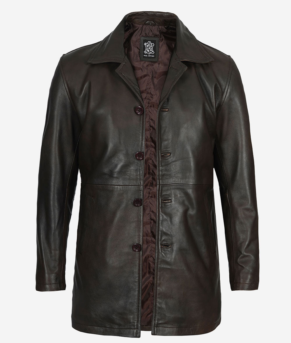 Men Distressed Brown 3/4 Length Leather Coat