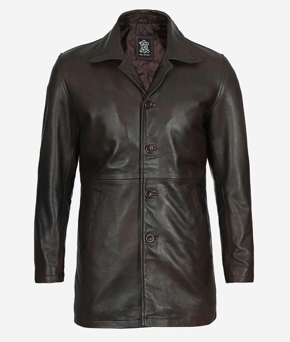 Men Distressed Brown 3/4 Length Leather Coat