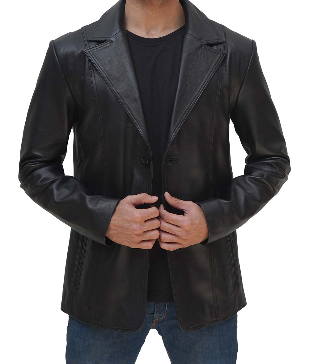 Anatoly Mens Wide Lapel Two Button Black Leather Blazer Coat