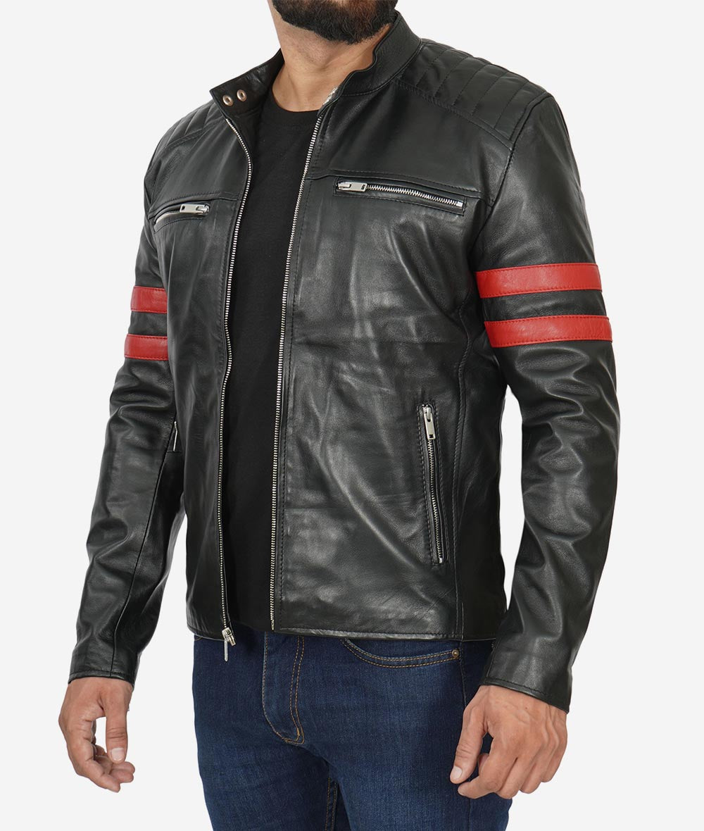 Mens Black Quilted Red Stripe Cafe Racer Leather Motorcycle Jacket