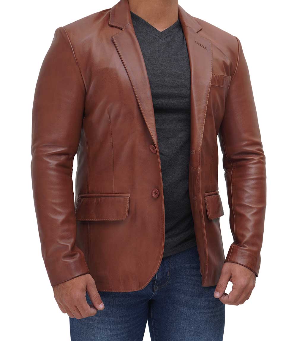 Anatoly Mens Tan Notch Lapel Two Button Leather Blazer Jacket