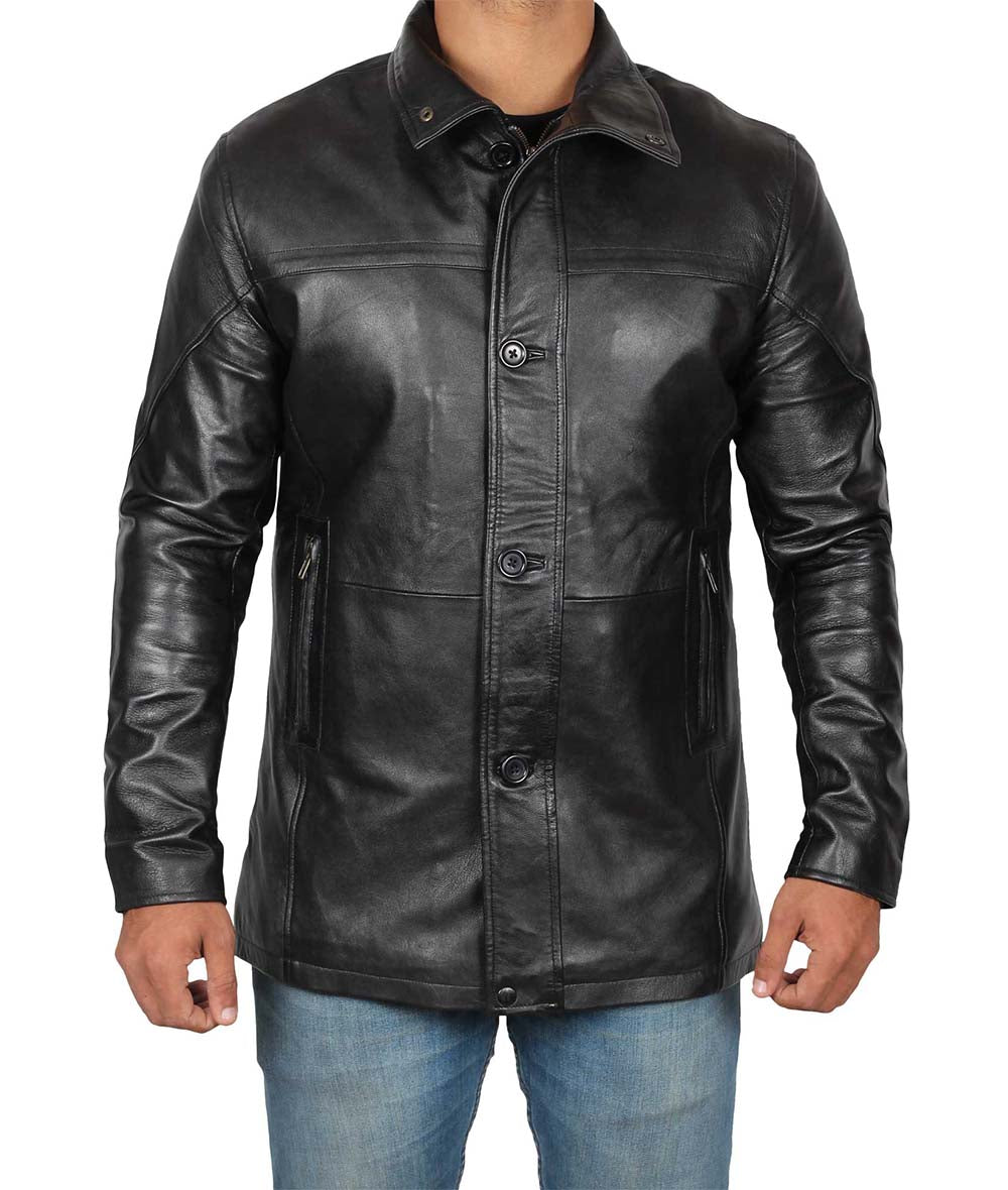 Anatoly Black Mens Leather Car Coat - 3/4 Length