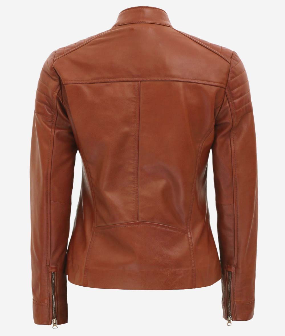 Carmie Women's Tan Padded Cafe Racer Leather Jacket