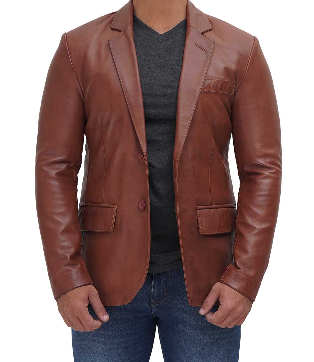 Anatoly Mens Tan Notch Lapel Two Button Leather Blazer Jacket