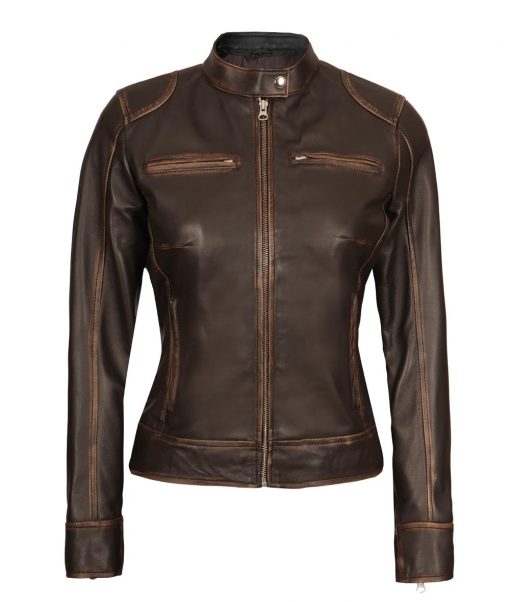 Women’s Distressed Brown Biker Leather Jacket